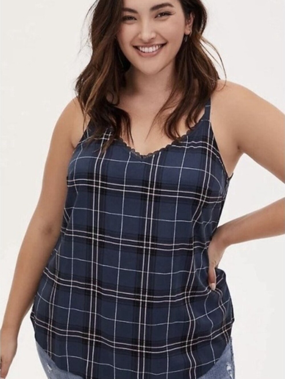 Torrid Plaid Navy Lace-Trim Cami Top - NWT Size 2x